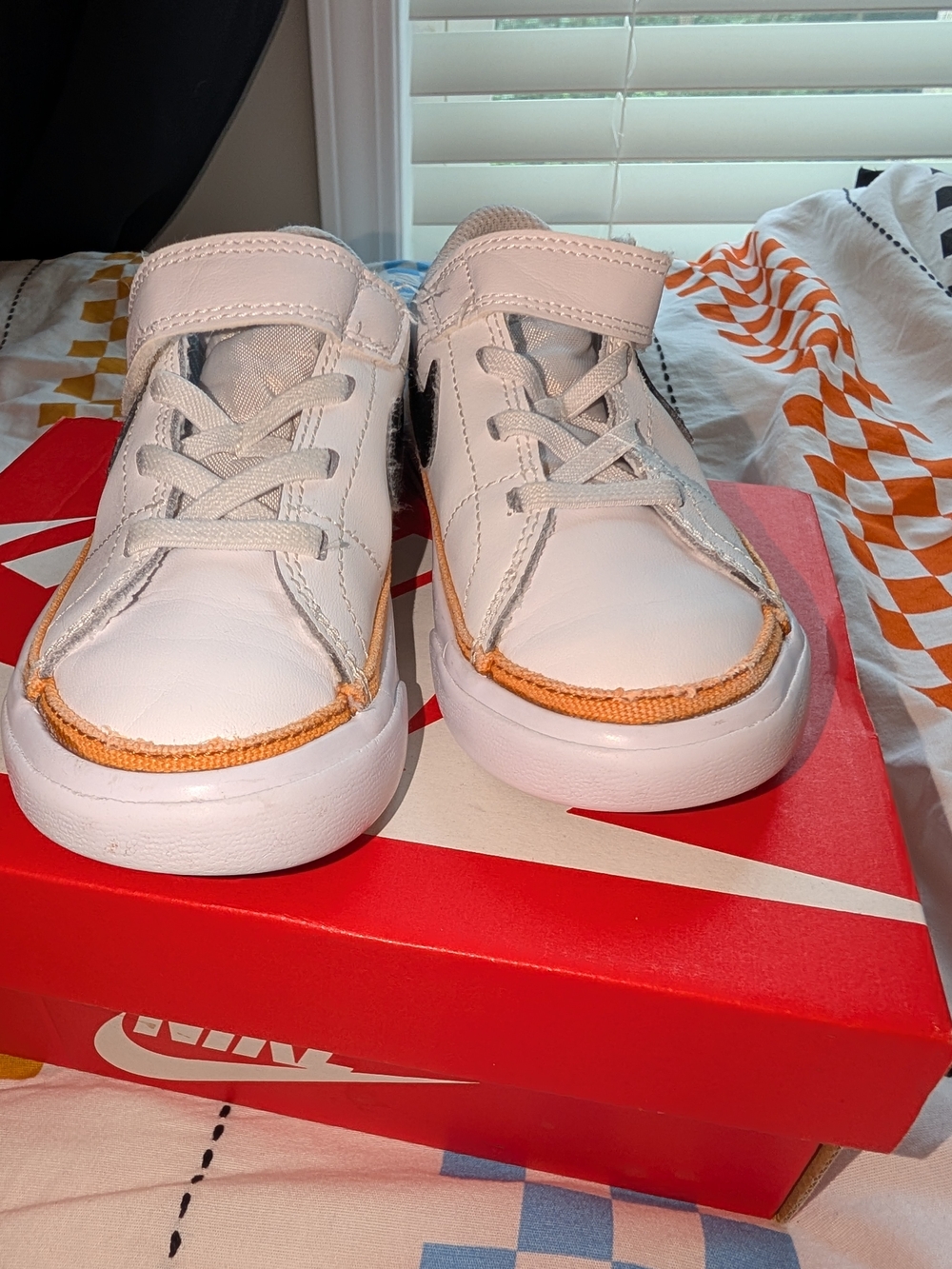 Nike Kids White Sneaker with Black Swoosh and Orange Trim - Picture 5 of 6